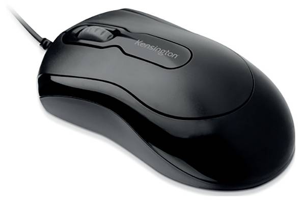 Čierna drôtová počítačová myš s veľkým posúvacím kolieskom a ergonomickým dizajnom.