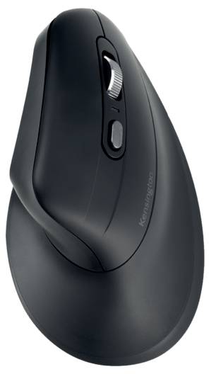 Ergonomická počítačová myš, čierna, s vertikálnym dizajnom a ovládaním palcom. Vhodná na odľahčenie zápästia.