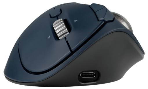 Ergonomická, tmavo modrá počítačová myš s ovládaním palcom a USB-C portom na boku.