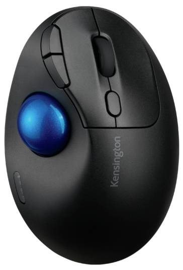 Čierny ergonomický trackball s modrou guľou uprostred a dvoma tlačidlami, vhodný pre pohodlnú a presnú prácu.