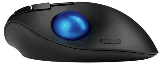 Čierna ergonomická myš s modrým trackballom na boku, vhodná pre presné ovládanie a zlepšenú polohu zápästia.