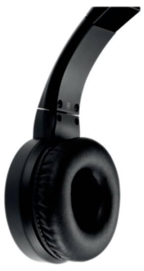 Čierny bezdrôtový headset z bočného pohľadu, s čalúneným chrániče uší a nastaviteľným oblúkom, na bielom pozadí.
