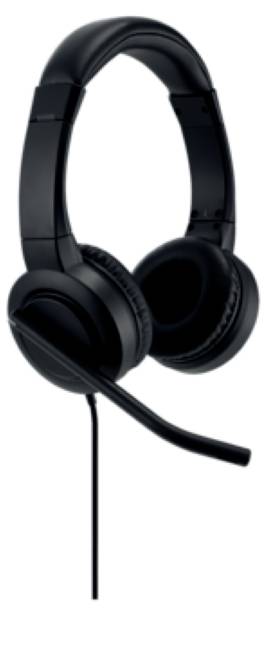 Čierny kabelový headset s mikrofónom, vhodný pre počítač a notebook. Ideálny pre audiohovory a multimédiá.