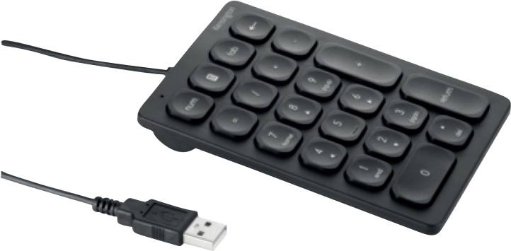 Čierny numerický USB blok klávesnice s podsvietením a pripojeným káblom. Vhodný pre použitie na stolnom počítači a notebooku.