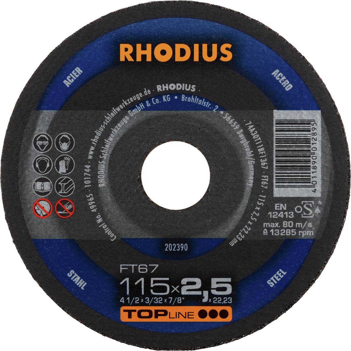'RHODIUS Topline' brúsny kotúč, priemer 115 mm, hrúbka 2,5 mm, vhodný pre oceľ, maximálna rýchlosť 80 m/s pri 13.285 otáčkach za minútu.
