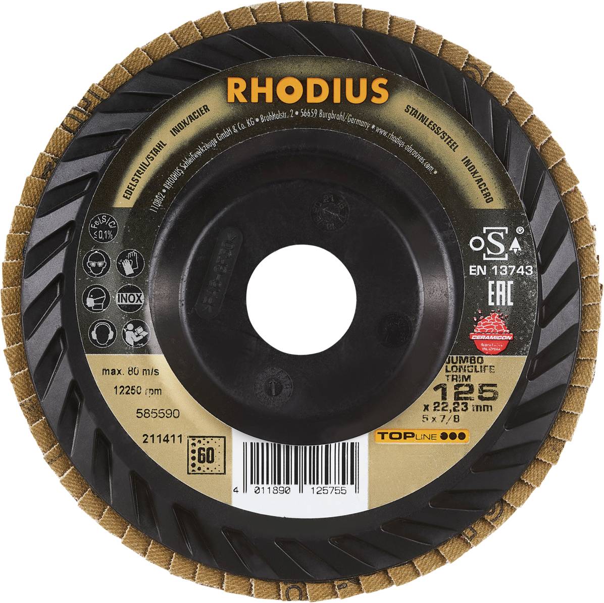 'RHODIUS' brúsny kotúč na uhlovú brúsku, optimálny pre obrábanie kovov. Maximálne otáčky: 12.250 ot/min, priemer: 125 mm, hrúbka: 1 mm.