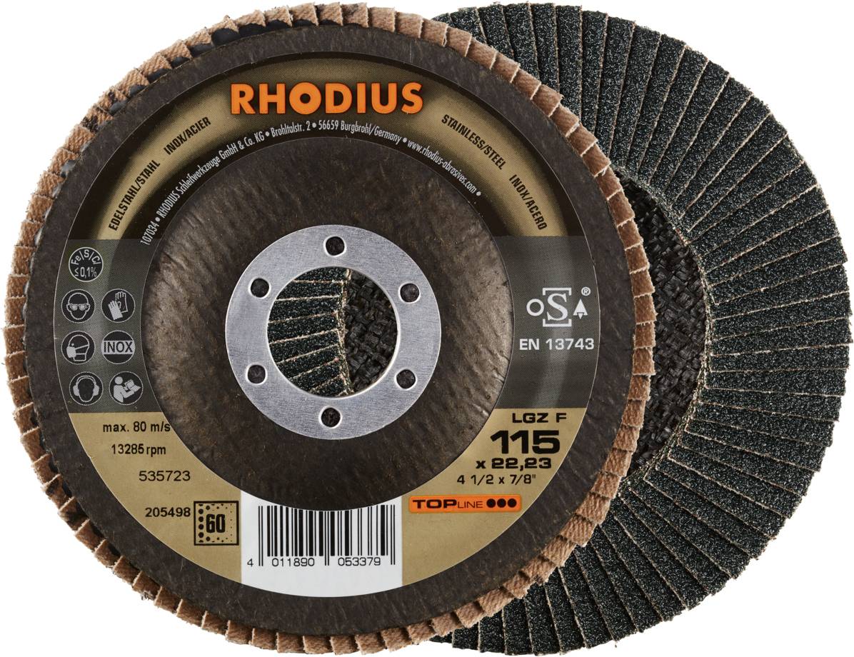 'RHODIUS' brúsne kotúče, vhodné pre nehrdzavejúcu oceľ a oceľ, max. rýchlosť do 13286 ot./min, priemer 115 mm.
