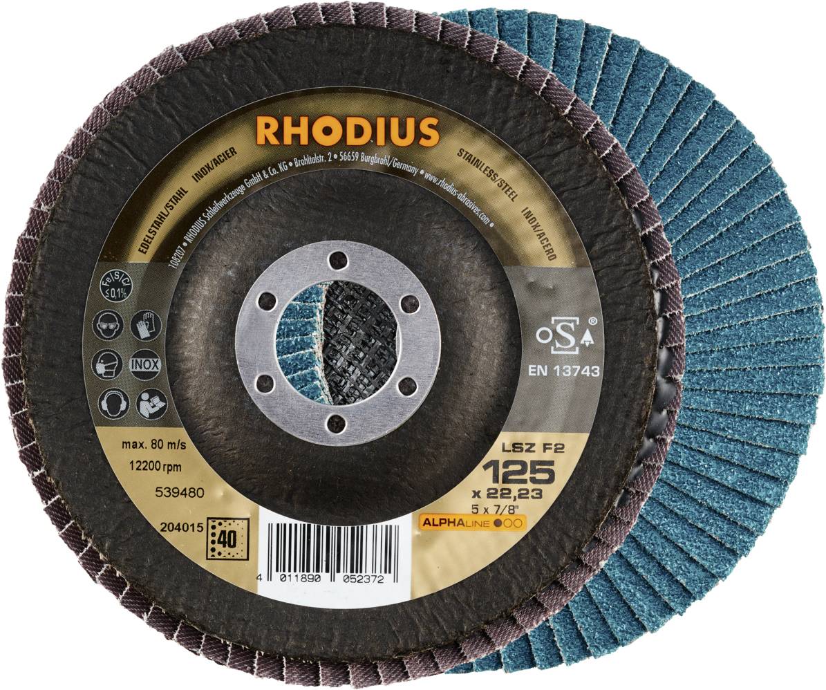 Brúsny kotúč s nápisom 'RHODIUS'. Veľkosť: 125 mm. Vhodnosť: 80 m/s, 12200 ot./min. Obsahuje špecifikácie produktu a označenia.