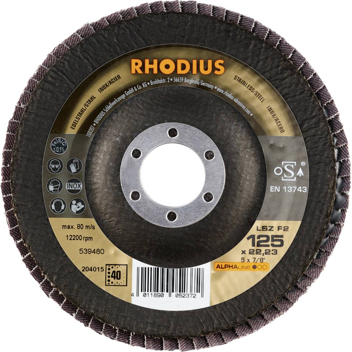 Brúsny kotúč so značkou 'RHODIUS', priemer 125 mm, maximálne otáčky 12200 ot./min, vhodný pre kovy a nehrdzavejúcu oceľ.