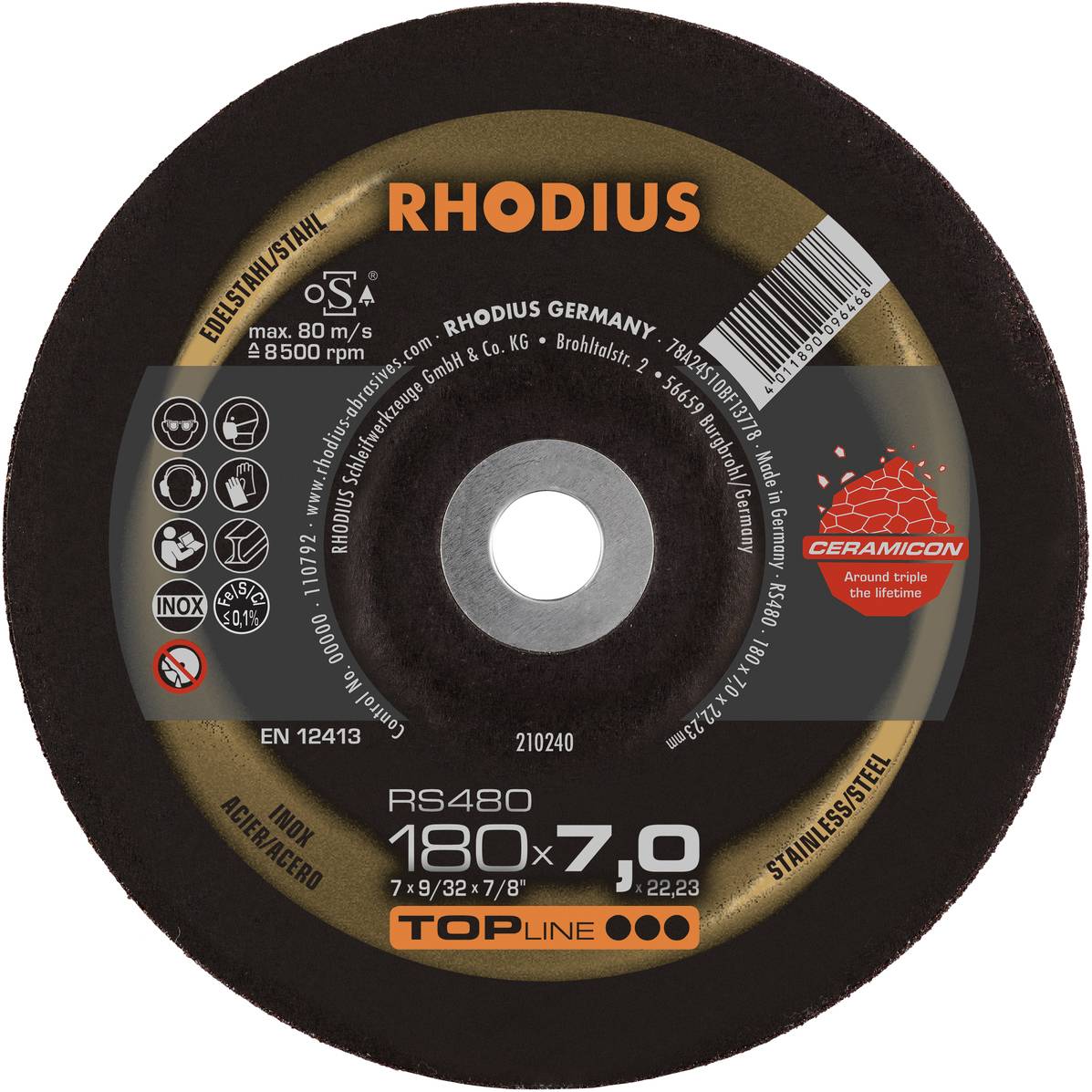 'RHODIUS' brúsny kotúč s nápisom: '180 x 7,0 x 22,23 mm'. Vhodný pre nehrdzavejúcu oceľ, vysoké otáčky, obvodové logá a certifikácie.