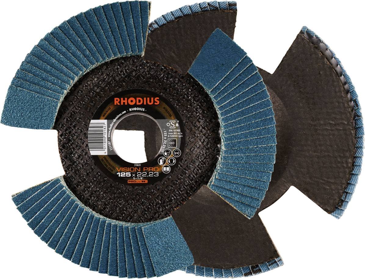 Brúsny kotúč Rhodius, model 'Vision Pro', 125x22,23 mm s modrými lamelami, zobrazuje nástroj na opracovanie kovu.
