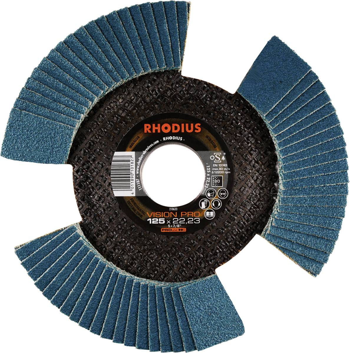 Brúsny kotúč s modrim povrchom a čiernym stredom, viditeľný firemný názov 'Rhodius Vision Pro 125 x 22,23' na bielom pozadí.