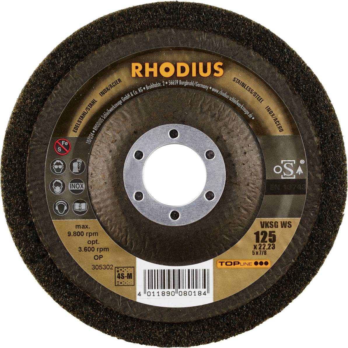 Brúsny kotúč značky Rhodius pre nehrdzavejúcu oceľ, oceľ a nehrdzavejúce materiály. Max. otáčky: 9 800 za minútu. Priemer: 125 mm.