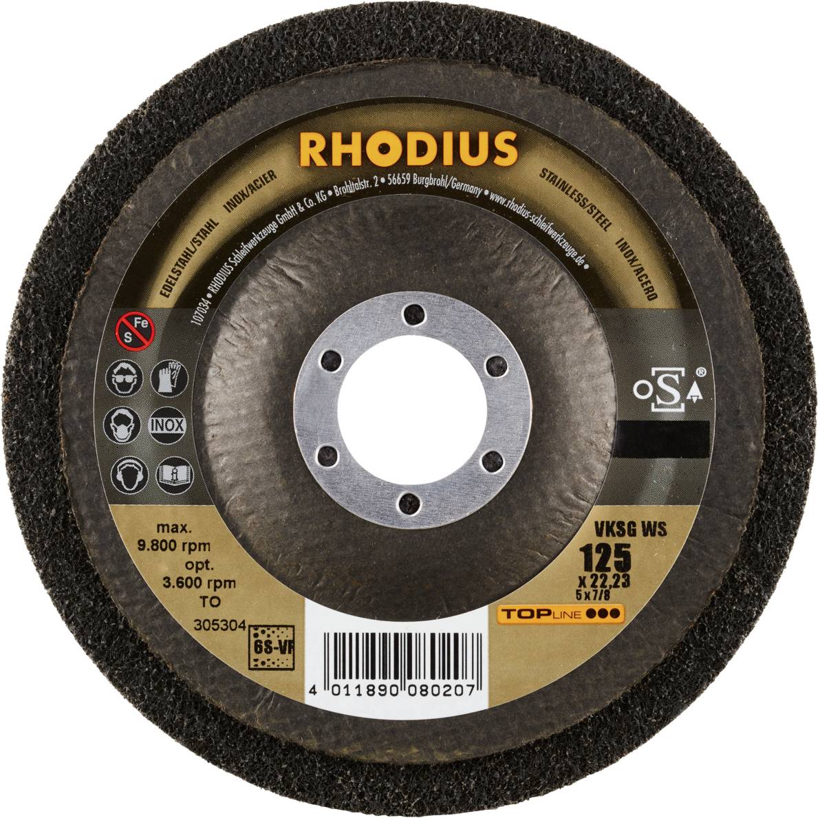 Brúsny kotúč Rhodius, model VKSG WS 125, max. otáčky 9.800 ot./min. Vhodný pre nehrdzavejúcu oceľ, priemer otvoru 22,23 mm.