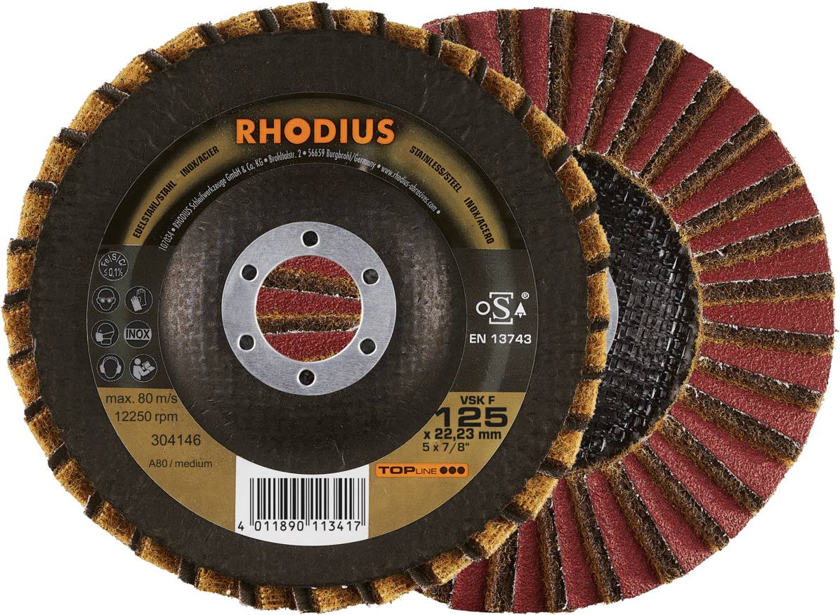 'RHODIUS' brúsny kotúč, priemer 125 mm, na kovové povrchy. Na obrázku sú viditeľné dva brúsne kotúče s etiketami.