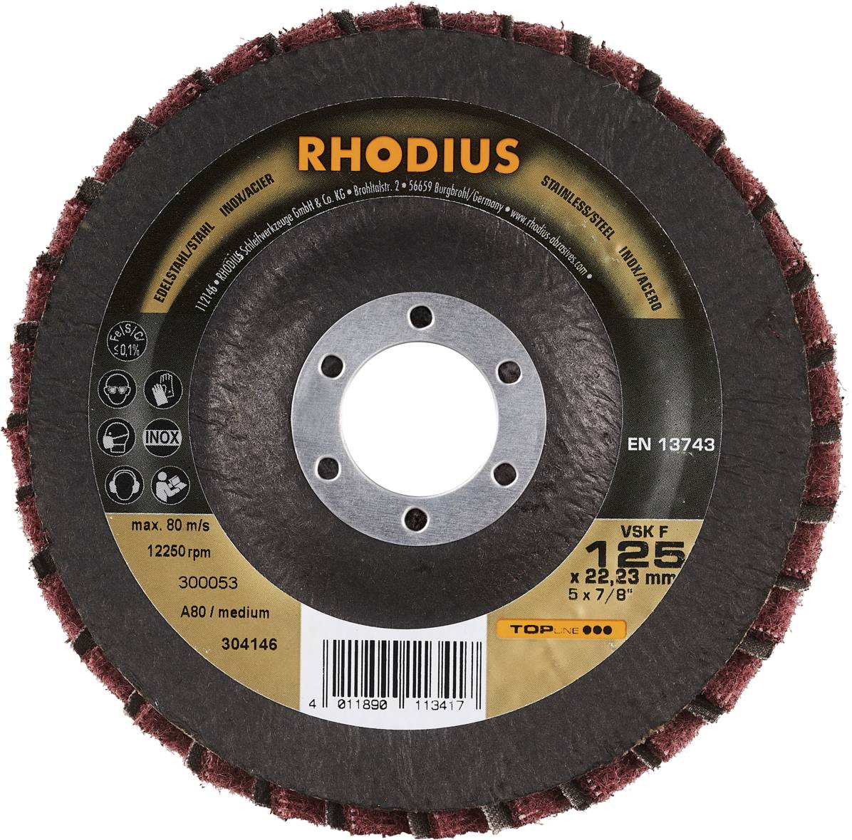 'RHODIUS VSK F' Vejárový kotúč na brúsenie kovu, červeno-hnedý, max. 80 m/s. Priemer: 125 mm. Vhodný pre uhlové brúsky.
