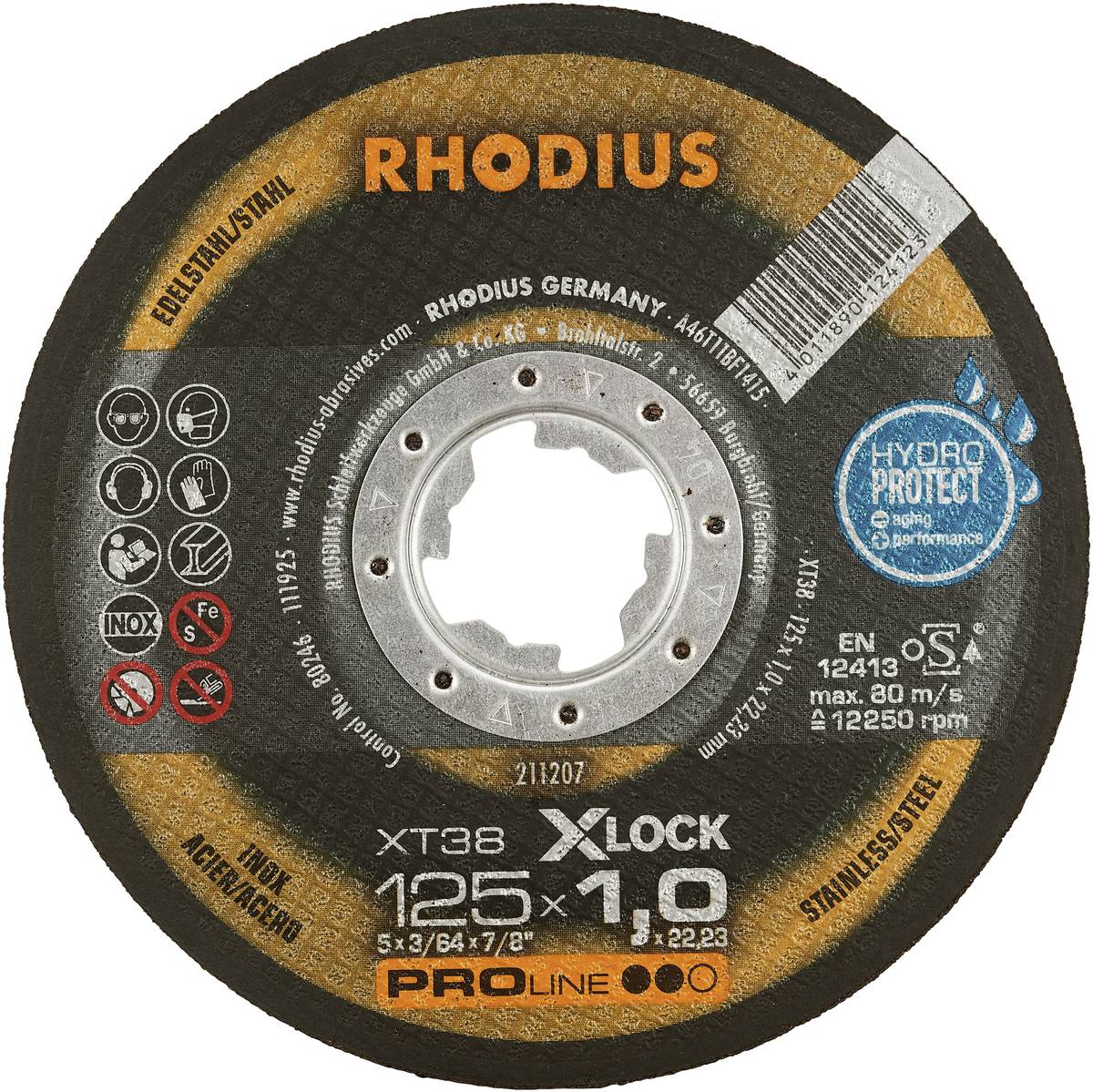 'RHODIUS XT38 X-LOCK rezný kotúč', 125 x 1,0 mm, na nehrdzavejúcu oceľ/oceľ, HydroProtect, priemer osi: 22,23 mm.