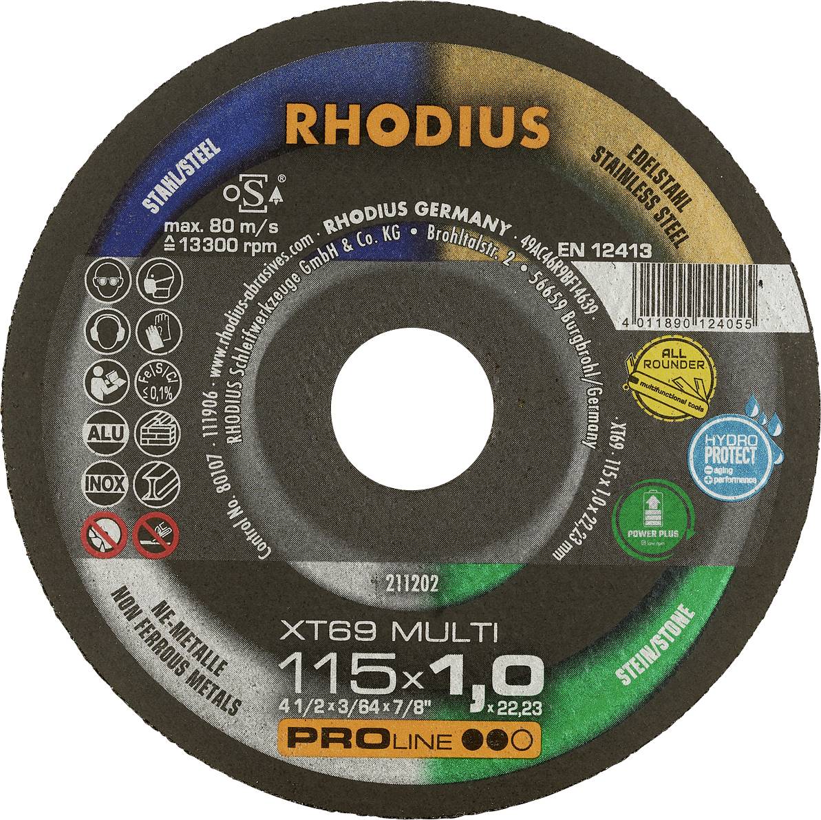 Rhodius rezný kotúč na nerezovú oceľ, priemer 115 mm, max. 80 m/s, 13 300 ot./min. Vhodný pre kovy a iné materiály.