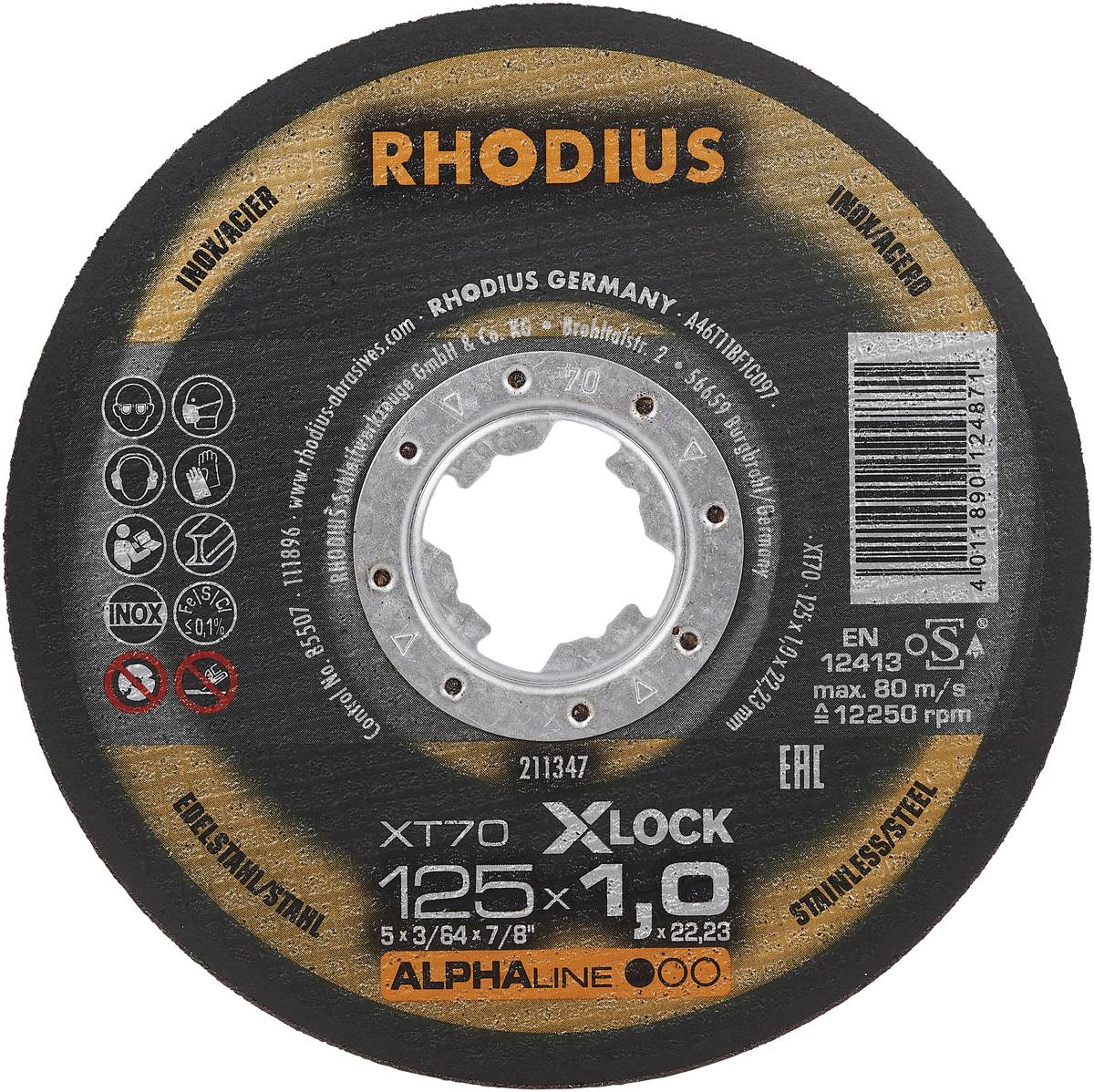 Brúsny kotúč 'RHODIUS', typ XT70, 125x1,0 mm, 5 kusov, na nehrdzavejúcu oceľ, upínanie X-LOCK s reguláciou priemeru, max. 80 m/s, 12250 ot./min.