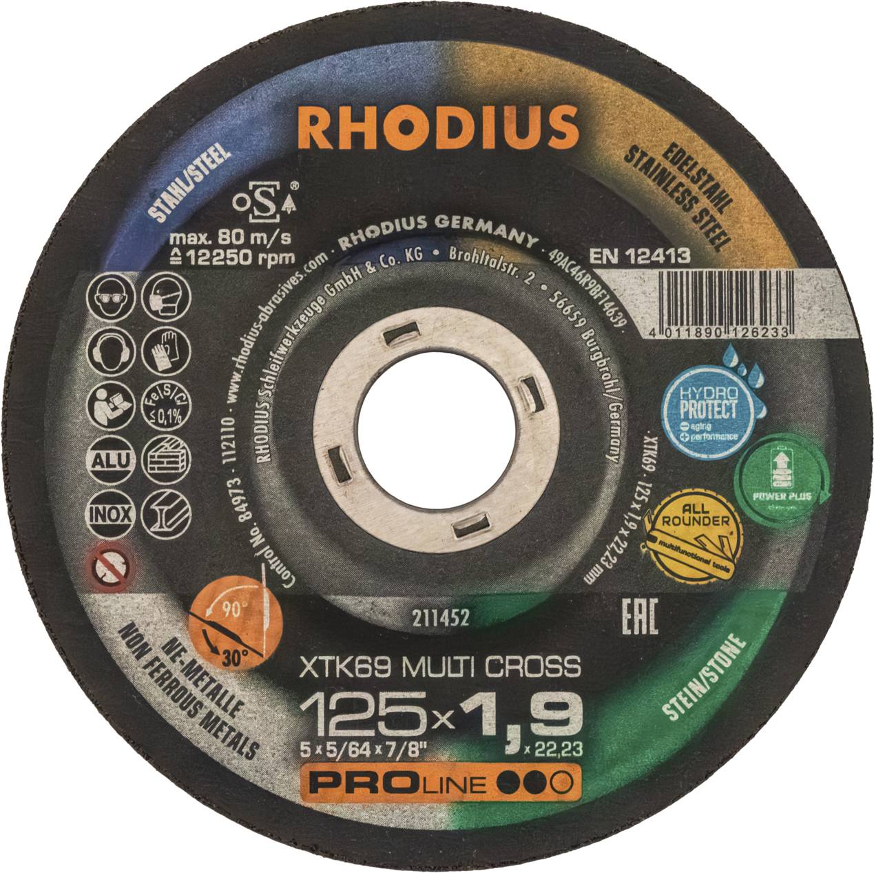 'RHODIUS' rezná brúsna kotúč s priemerom 125 mm. Vhodný pre nehrdzavejúcu oceľ. Max. 80 m/s; 12.250 ot./min. 'PRO LINE'.