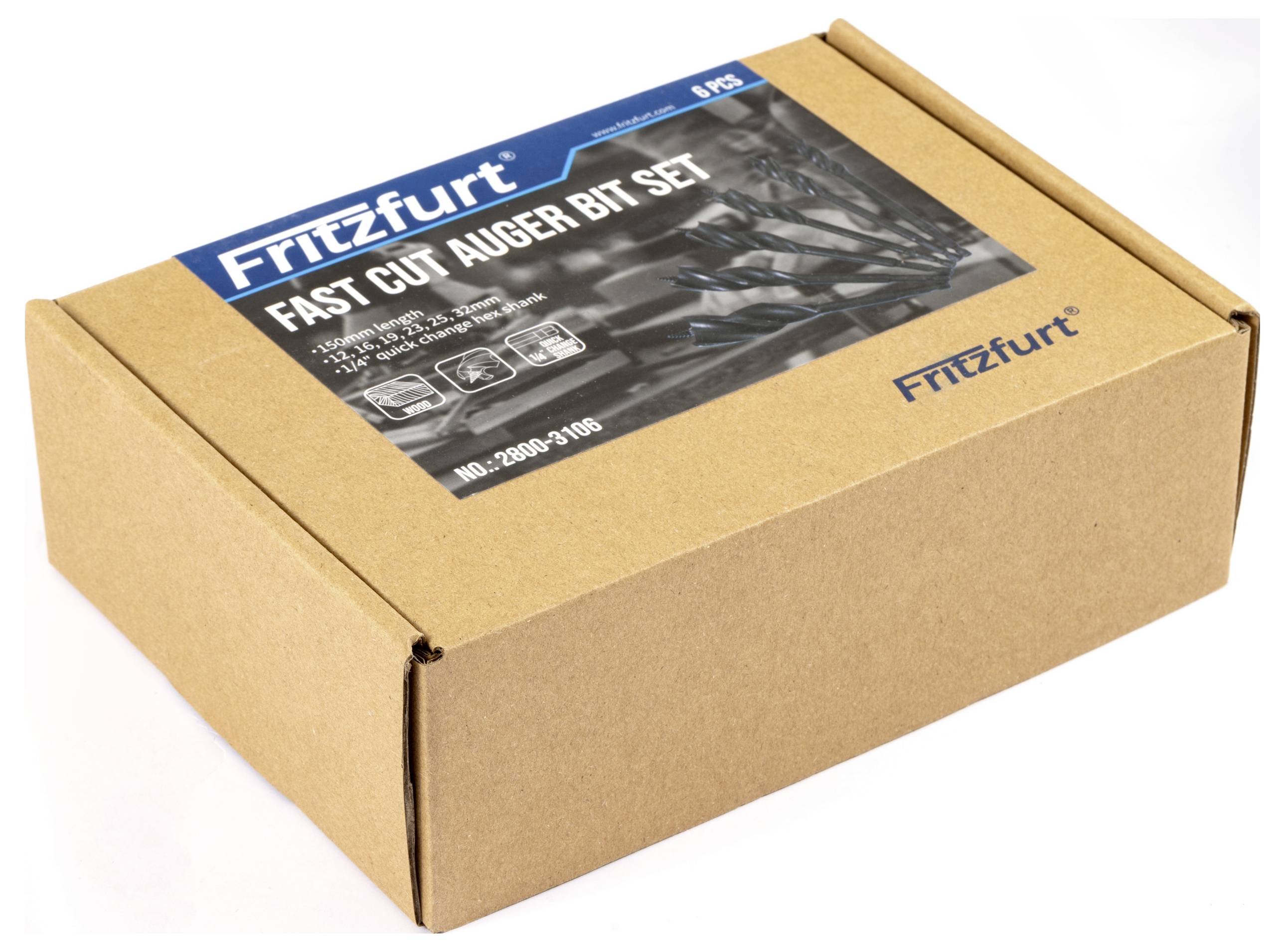 Kartónová škatuľa označená nápisom 'FRITZfurt Fast Cut Auger Bit Set', na obale sú zobrazené vrtáky do dreva.