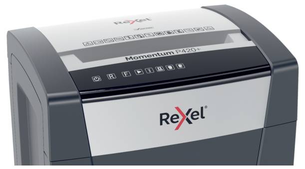 Skartovačka značky Rexel, model Momentum PA20+, s ovládacími tlačidlami a logami na hornej strane.