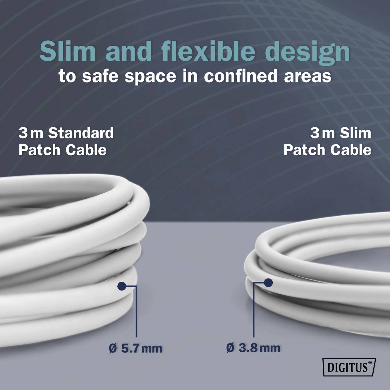 Flexibilný a štíhly dizajn pre malé priestory. Porovnanie medzi 3 m štandardným patch káblom (Ø 5,7 mm) a 3 m štíhlym patch káblom (Ø 3,8 mm).