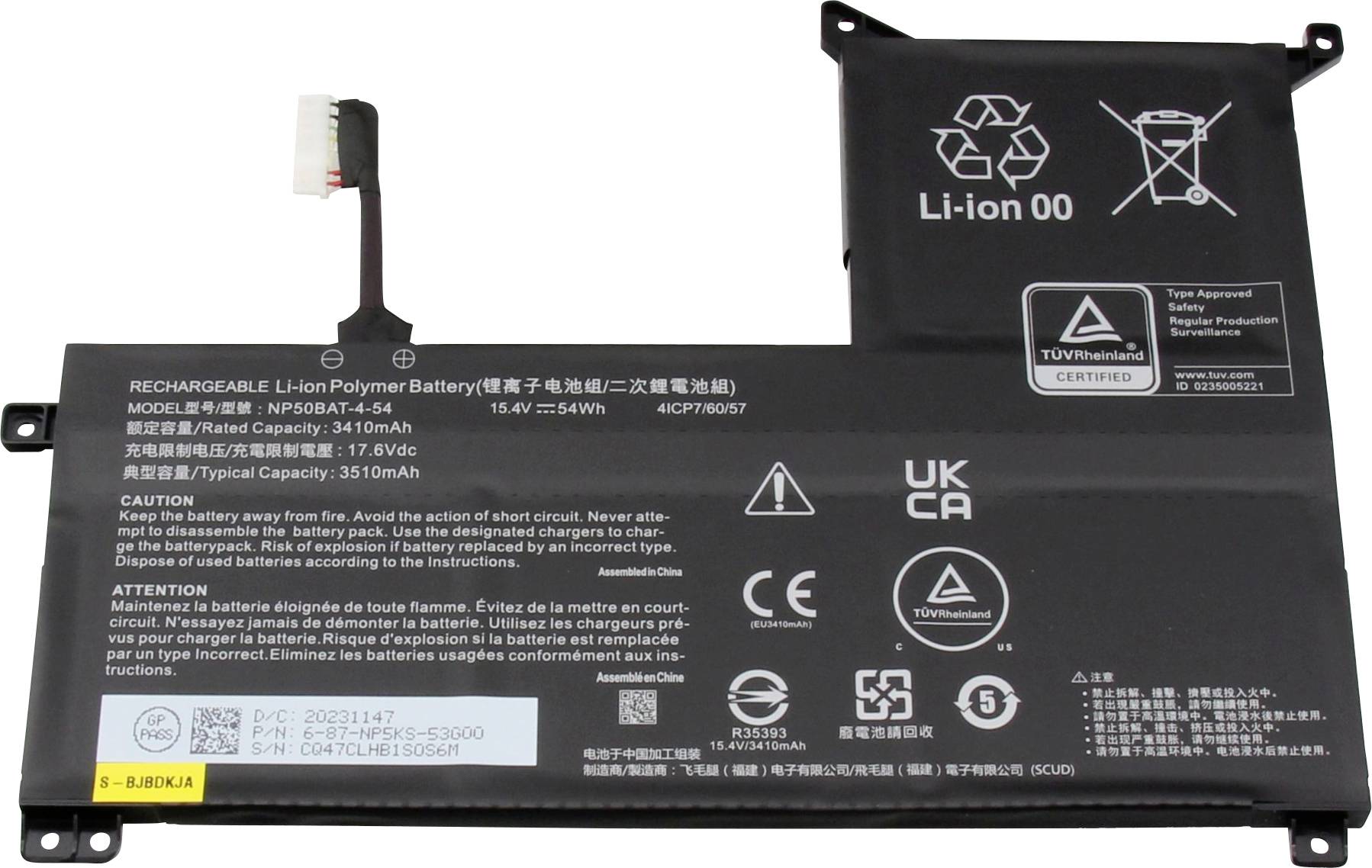 Lítiovo-iónová batéria, model 3ICP7/60/87, kapacita 54Wh, napätie 11,4V. Výstražné upozornenia v angličtine a francúzštine. Viditeľné symboly pre recykláciu a bezpečnostné pokyny.
