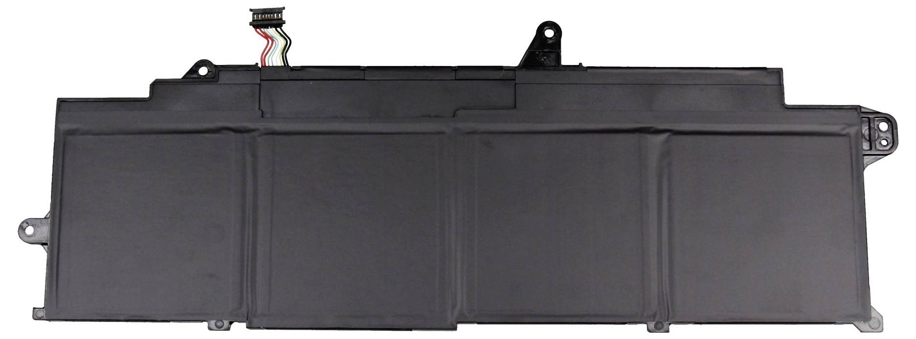 Čierny laptop batériu s viacbunkovou štruktúrou a pripojovacím káblom v ľavom hornom rohu.