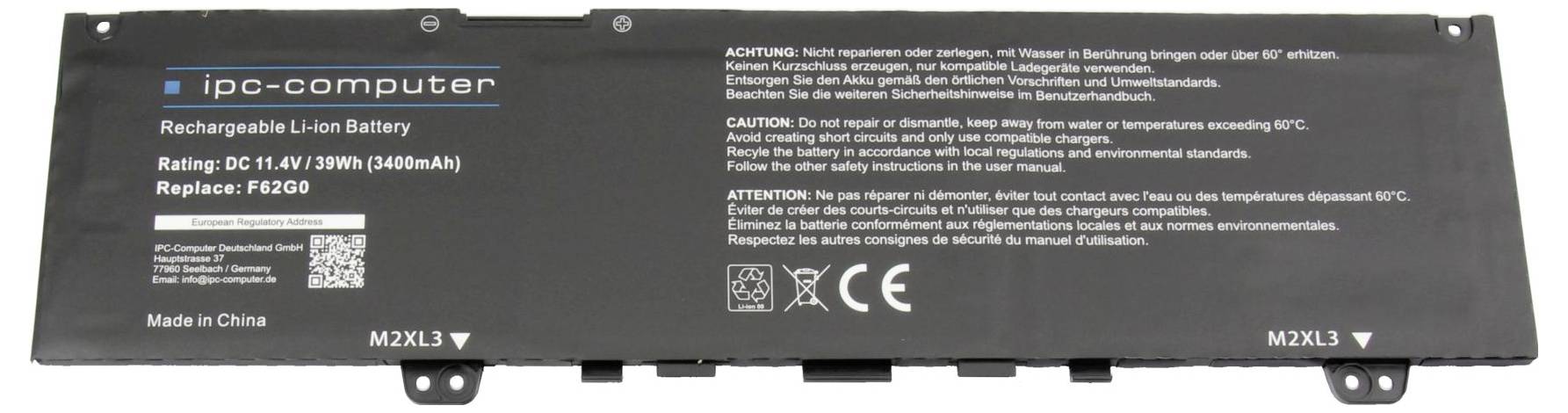Obdĺžniková lítiovo-iónová batéria s technickými údajmi ako napätie (11,4V/39Wh/3400mAh) a modelové číslo F62G0.