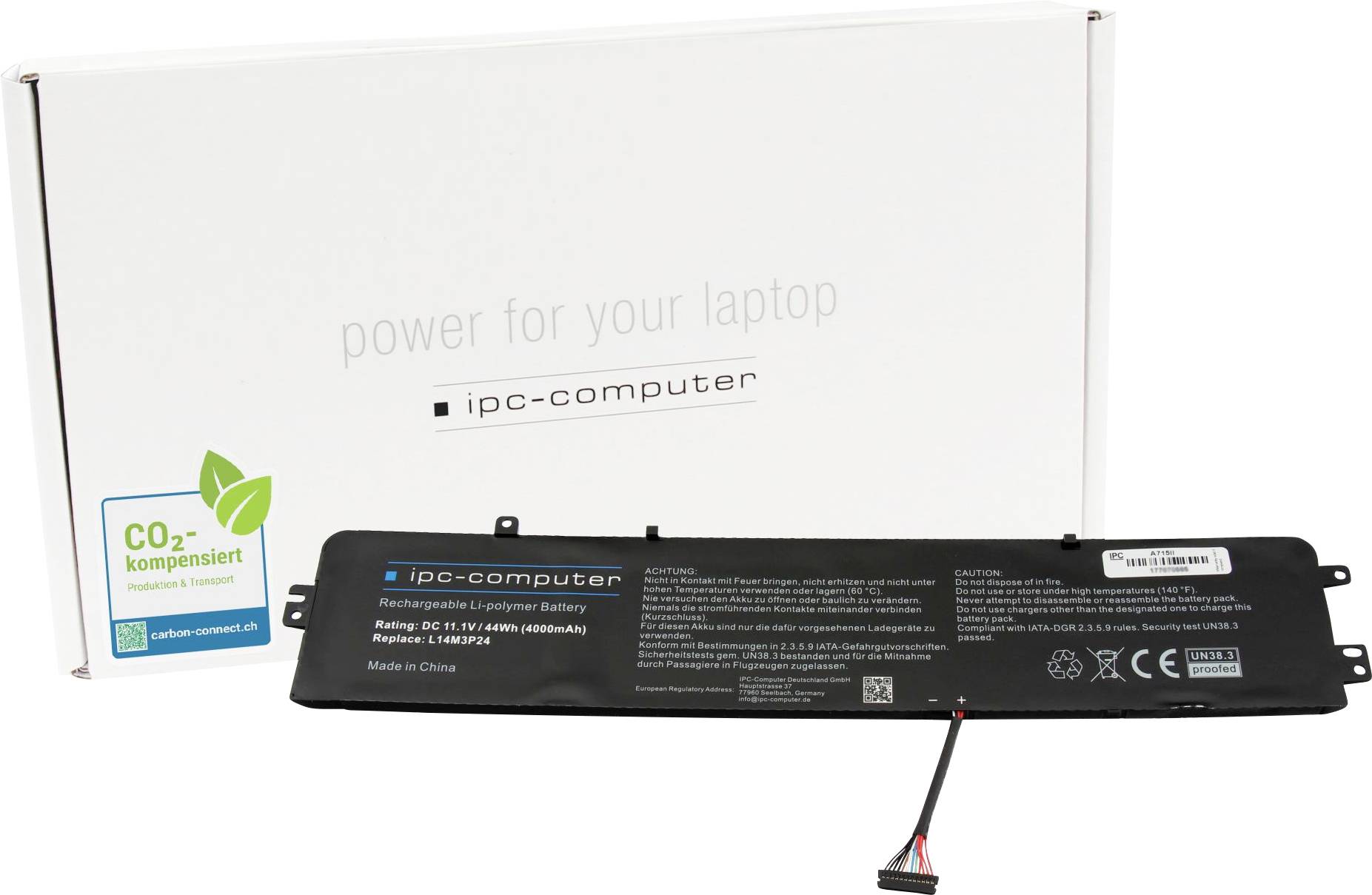 Laptop batéria od ipe-computer s obalom v pozadí, na ktorom je napísané 'power for your laptop'. CO2 kompenzovaná.
