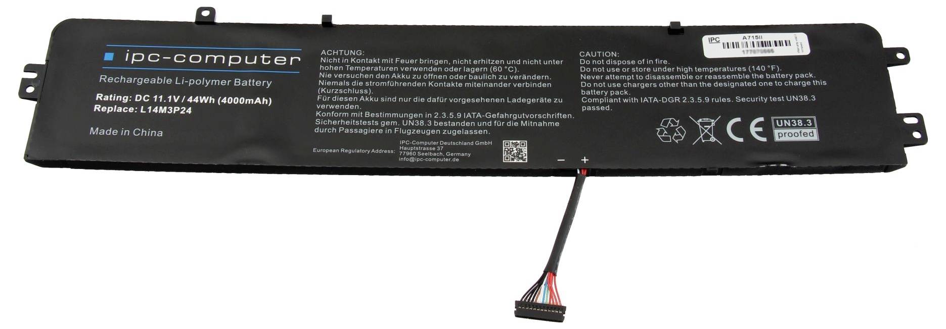 Nabíjateľná Li-polymérová batéria od ipc-computer, 11,1V, 4400mAh, L14M3P24, čierna podlhovastého tvaru s káblovým pripojením.