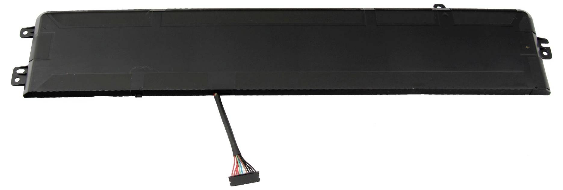 Laptop batéria v obdĺžnikovom tvare s viacerými pripojovacie káblami na sivom pozadí.