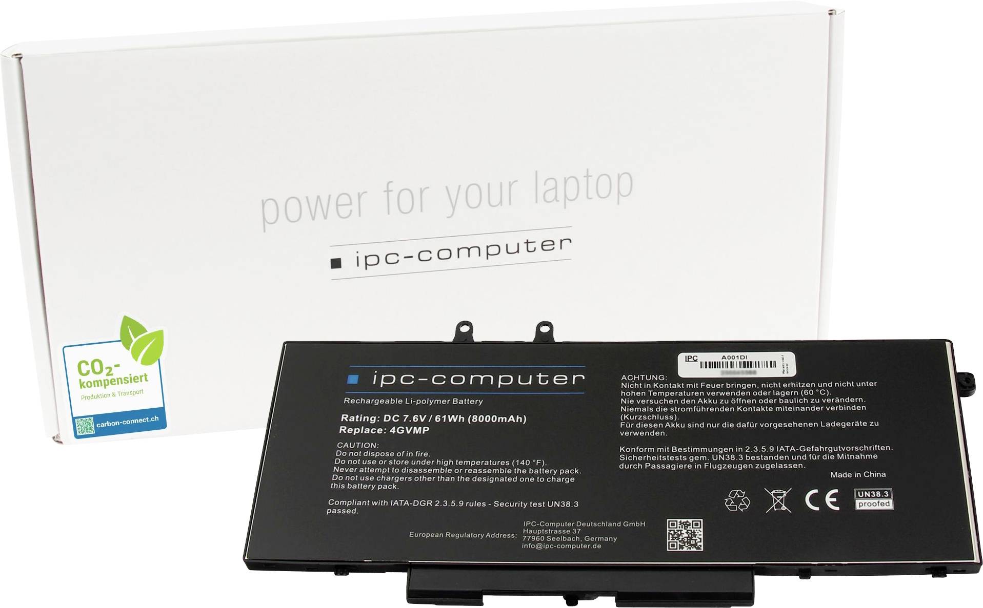 Batéria do notebooku od "ipc-computer", prezentovaná pred bielym obalom s nápisom "power for your laptop".