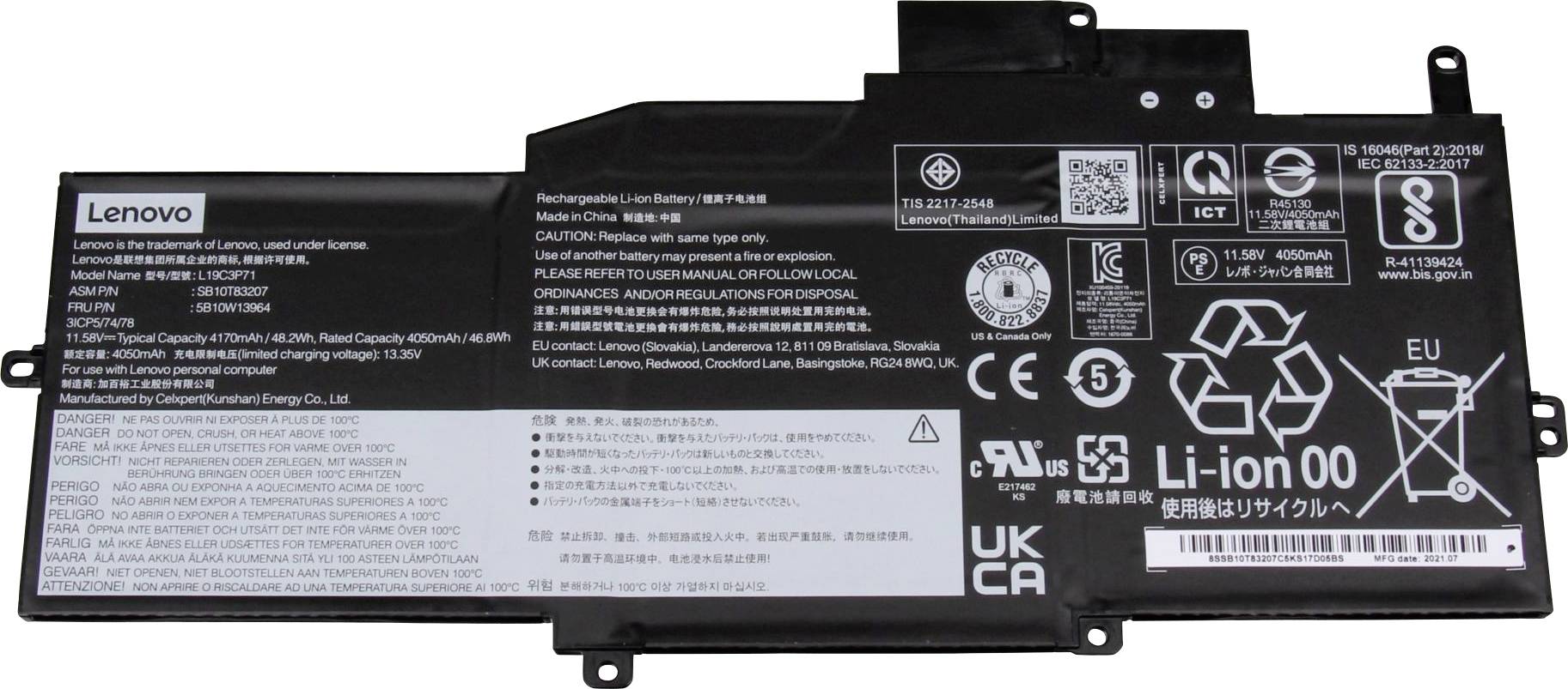 Čierny notebook batériu Lenovo s rôznymi technickými označeniami a bezpečnostnými symbolmi, ako je napríklad symbol recyklácie.