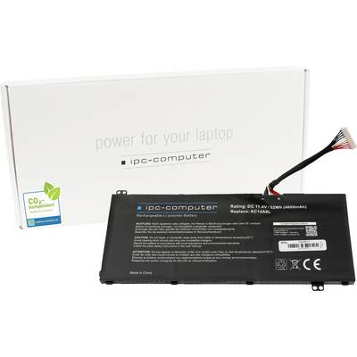 Batéria notebooku od ipc-computer leží pred obalom. Batéria má kapacitu 52 Wh a napätie 11,4 V.