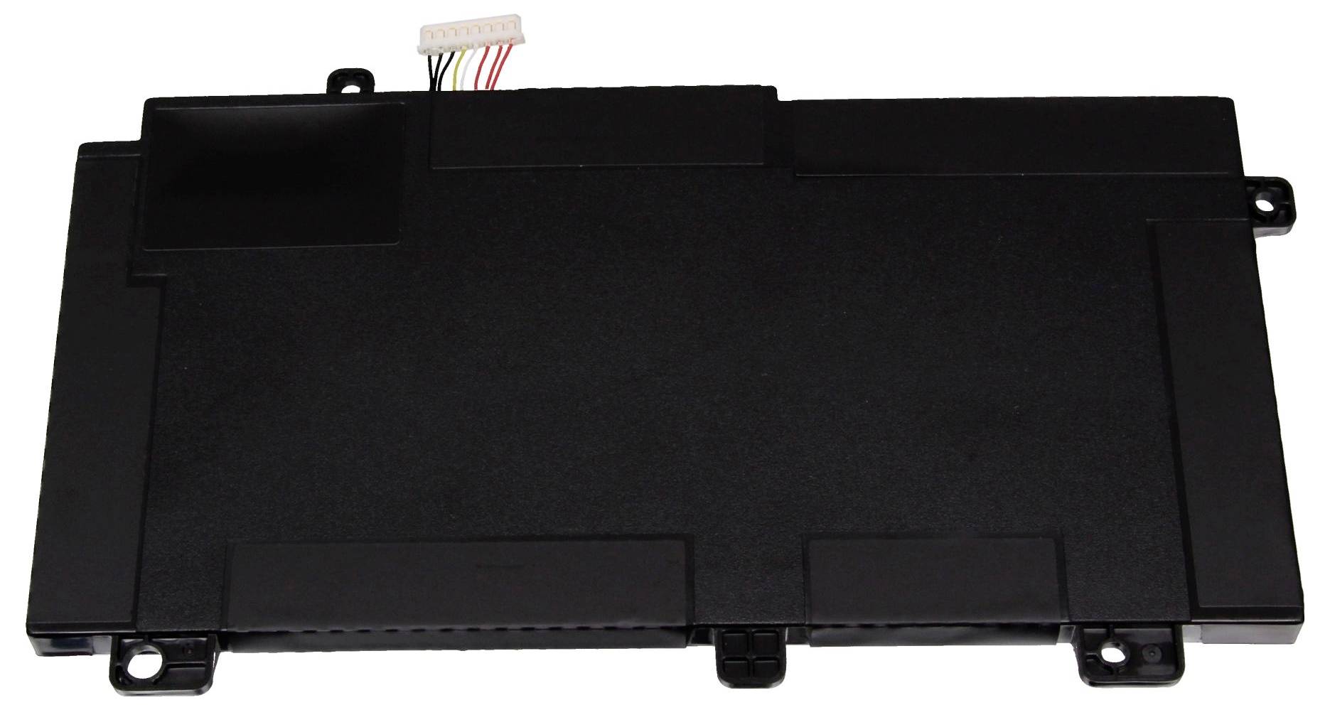 Čierny laptop batériu s piatimi káblami trčiacimi z ľavého horného rohu na bielom pozadí.