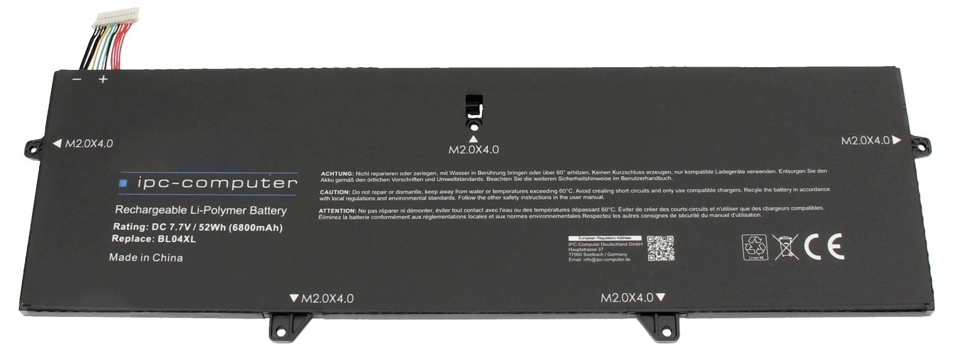 Obdĺžnikový lítiovo-polymérový akumulátor, 7,7V, 58Wh, model B0AXL, pre laptopy, vrátane viacerých pripájacích káblov a bezpečnostných informácií.