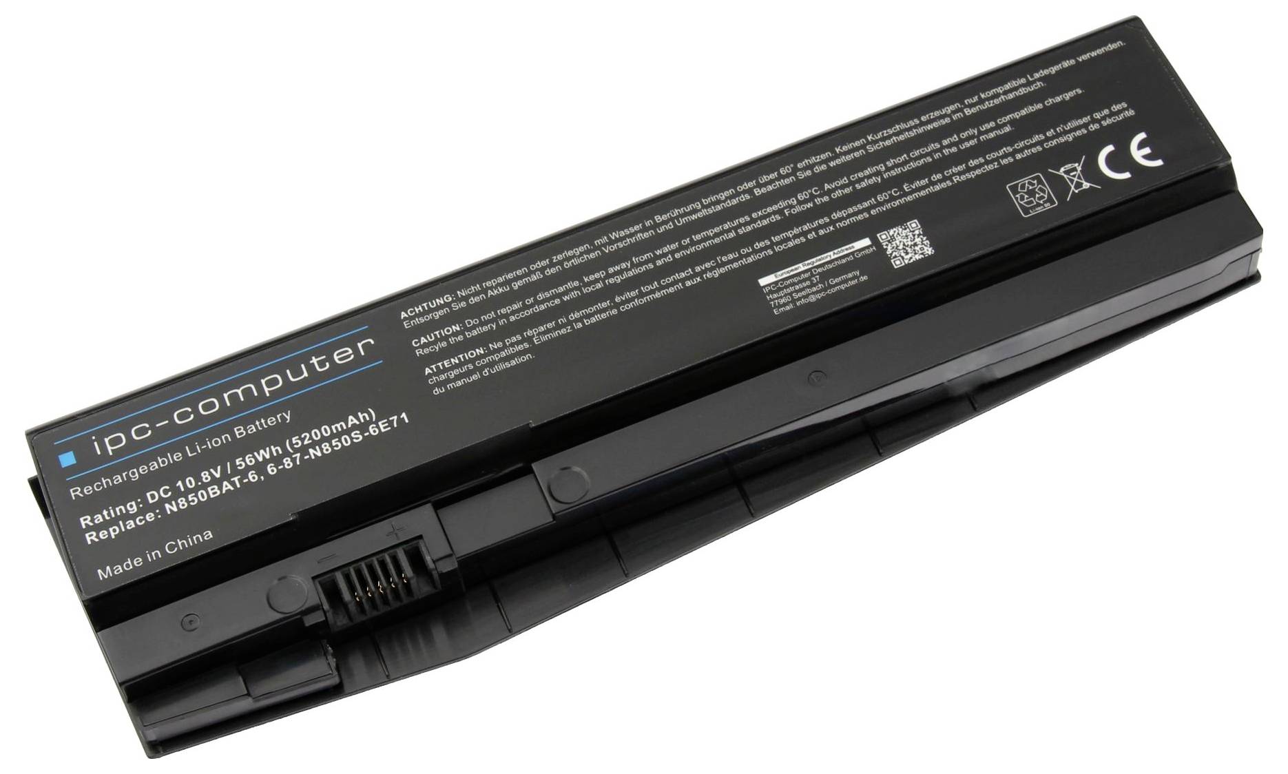 Čierny laptop batéria s nápisom 'ipc-computer'. Lítiovo-iónová batéria, 11,1 V, 6600 mAh, vyrobená v Číne.