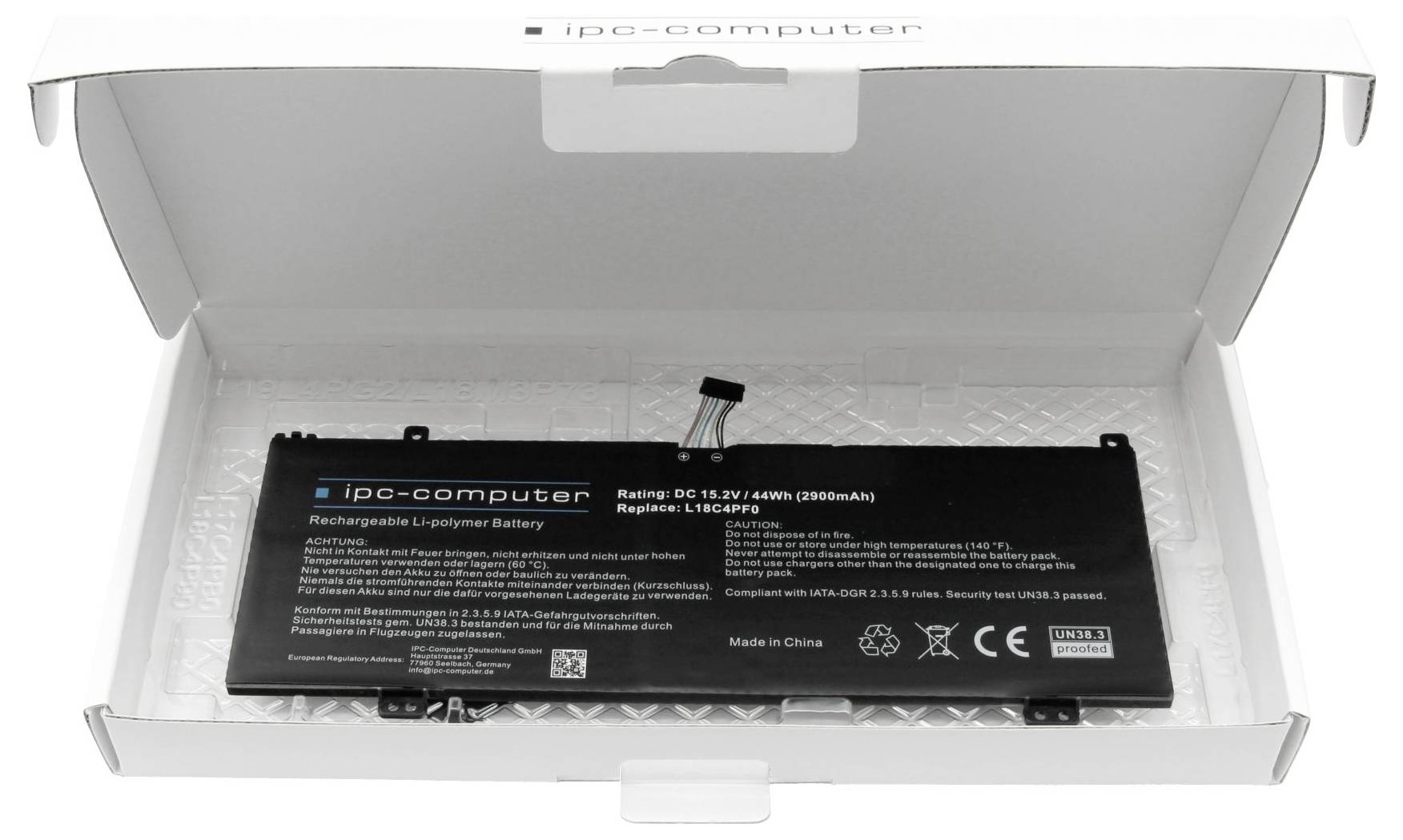 Čierny notebook batériu v bielom obale, značka ipc-computer, kapacita: 3350mAh, napätie: 11,4V. Vhodný pre určité notebooky.