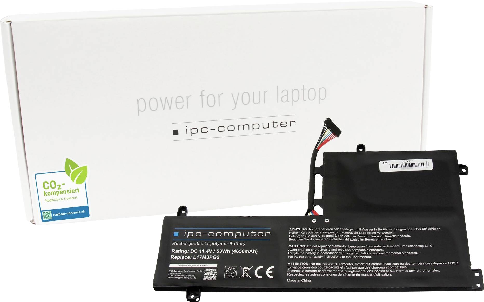 Akumulátor do notebooku a obal od spoločnosti ipc-computer. Detaily: 11,4V, 5450mAh. Poznámka o kompenzácii CO2 na obale.