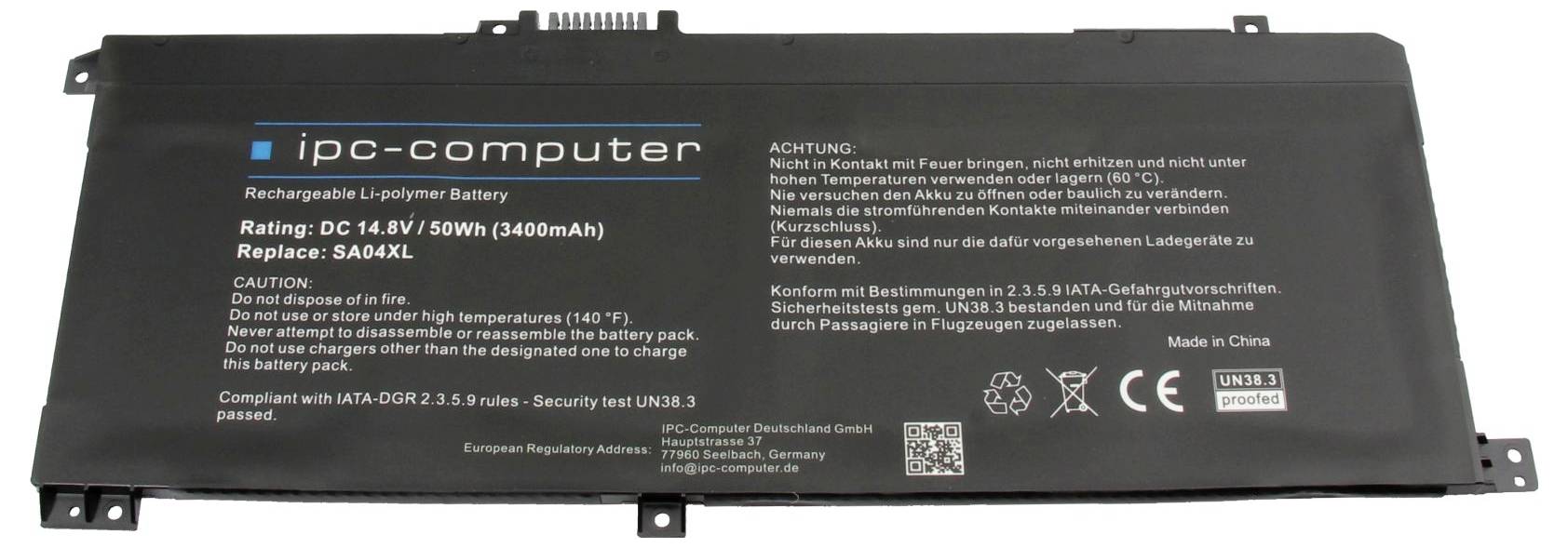Čierna dobíjateľná lítiovo-polymérová batéria s potlačou: 'Hodnotenie: DC 11,4V / 50Wh (4400mAh)', 'Náhrada: SA04XL'.