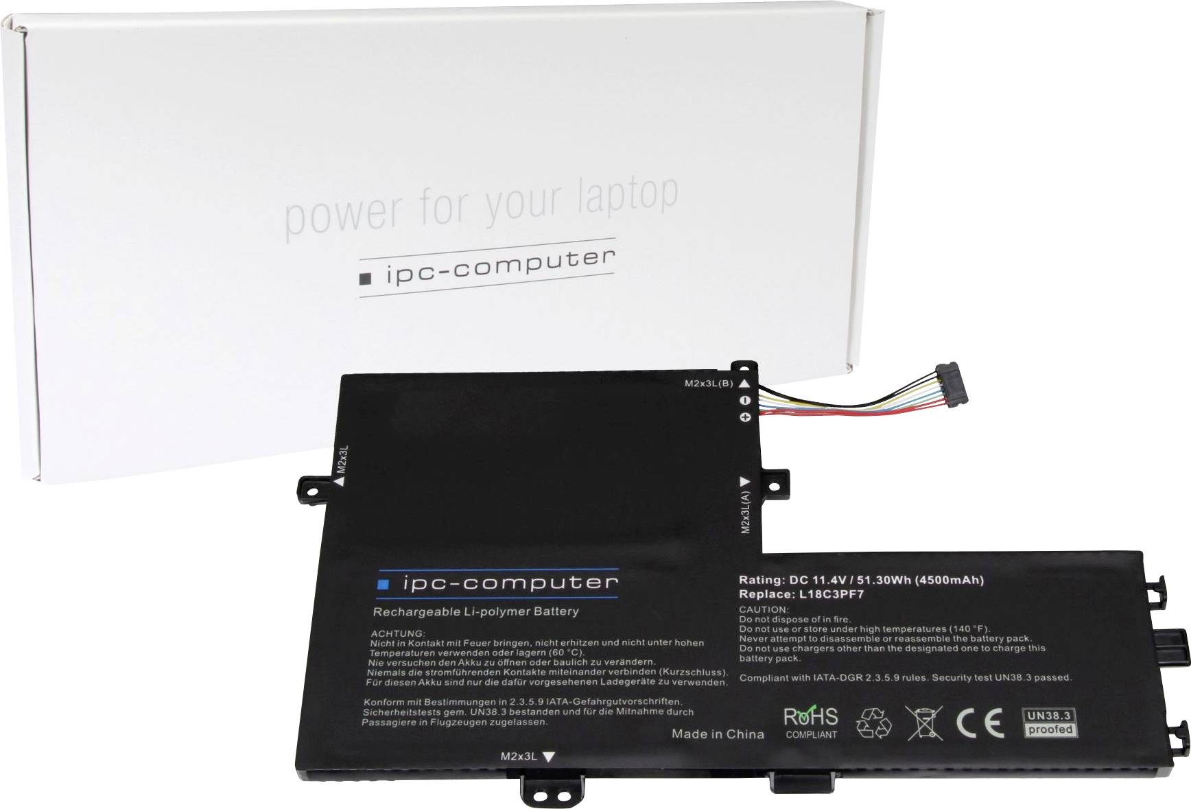 Notebook batéria od 'ipc-computer' s káblami a obalom v pozadí, s konkrétnymi technickými detailmi na batérii.
