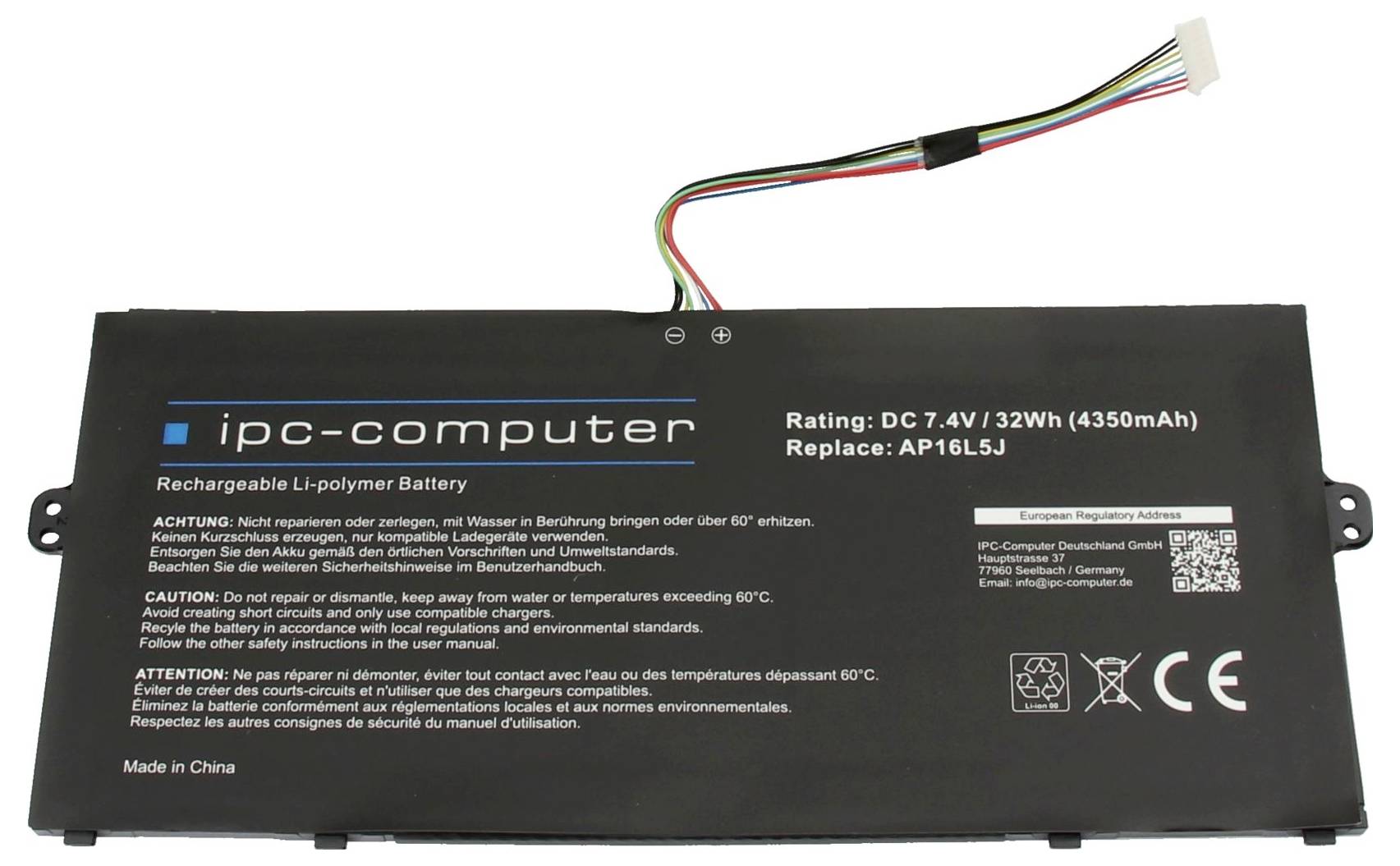 Dobíjateľná Li-polymérová batéria od spoločnosti ipc-computer s výkonom DC 7,4V/32Wh (4350mAh), model AP16L5J, vyrobená v Číne.
