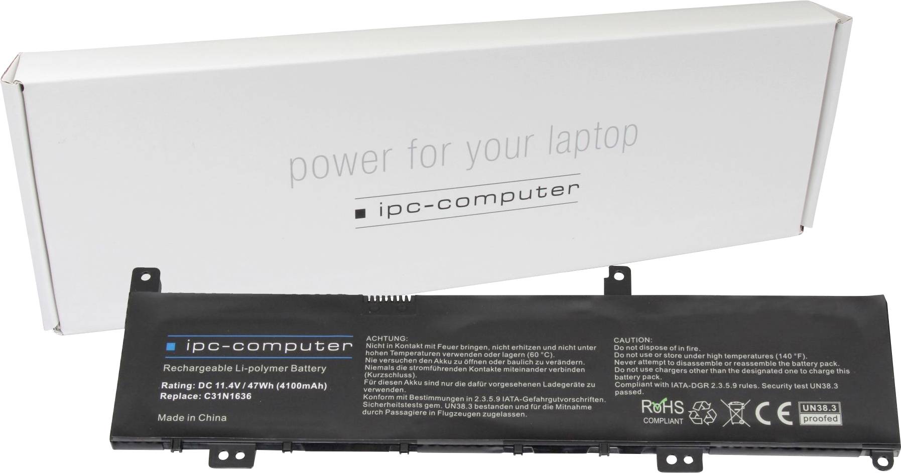 Batéria pre notebook od 'ipc-computer', nabíjateľná, Li-Polymér, 11,4 V, 46 Wh, 4050 mAh. Balenie v pozadí.