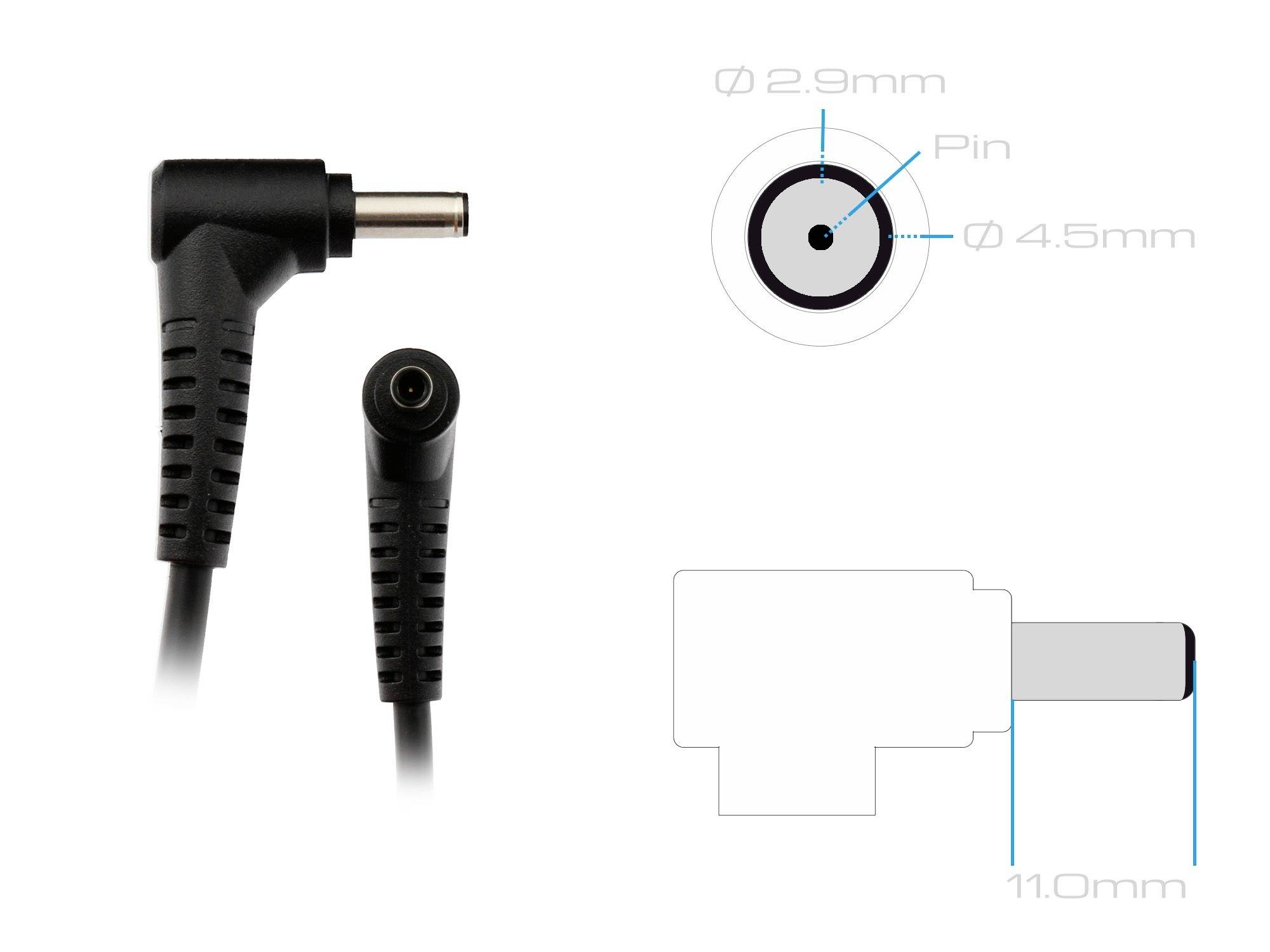 'Kábel s L-tvarovým konektorom, zobrazuje koncovku konektora a rezací diagram s rozmermi: kolík priemeru 2,9 mm, vonkajší krúžok 4,5 mm, celková dĺžka 11 mm.'