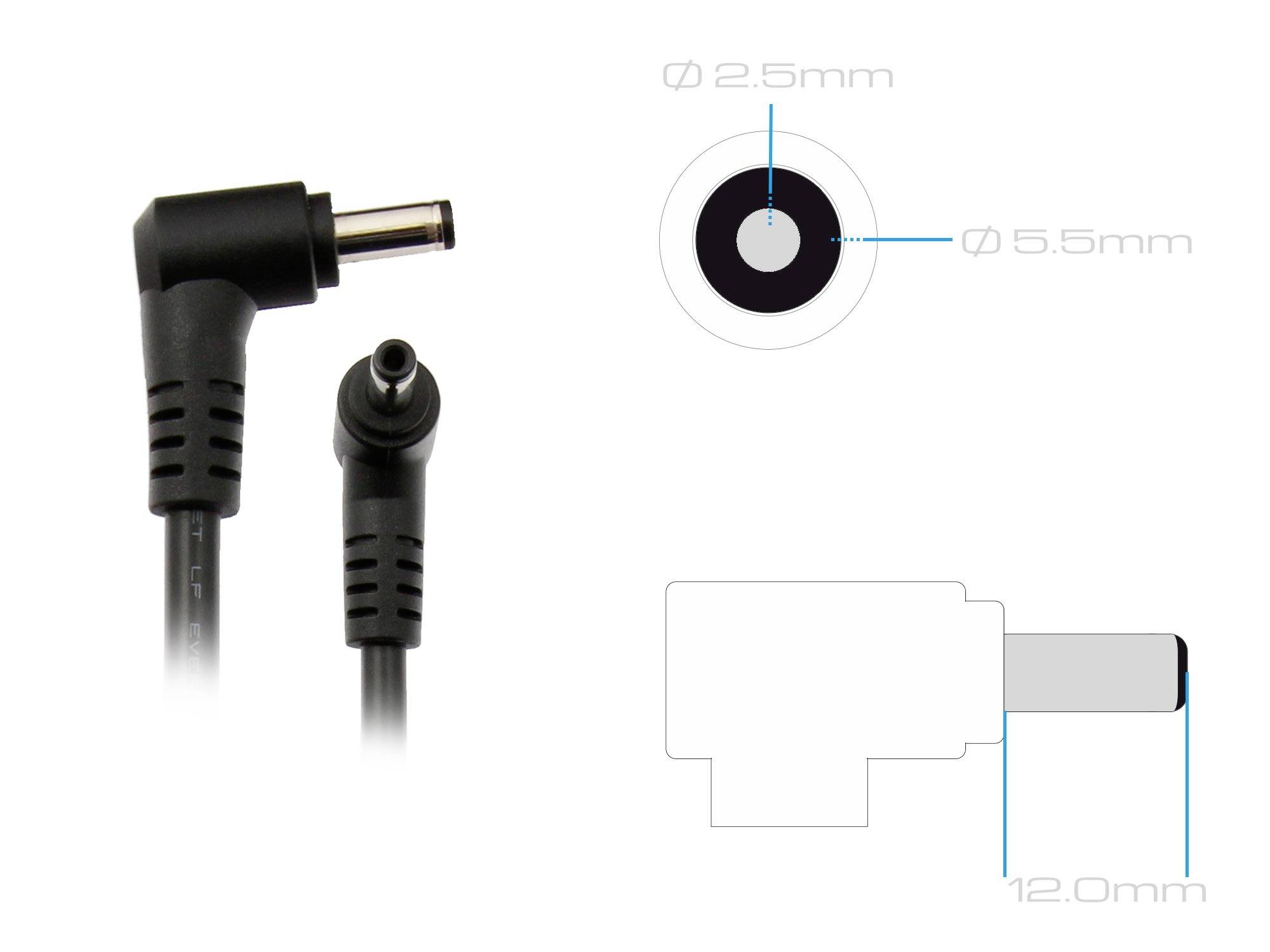 Napájací konektor s L-tvarovým dizajnom, vnútorný priemer 2,5 mm, vonkajší priemer 5,5 mm. Pohľad z boku ukazuje dĺžku 12,0 mm.