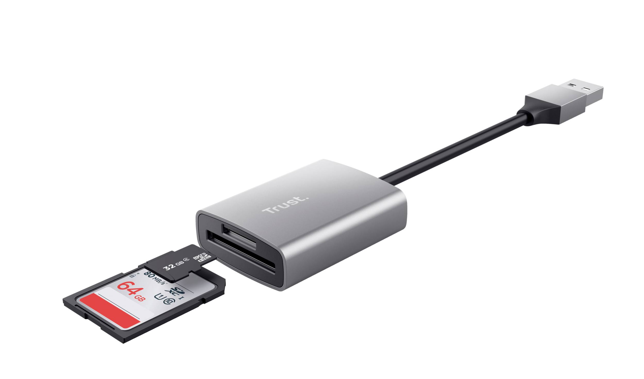 Sivý USB čítač kariet s pripojenou červenou 64 GB SD kartou; znázorňuje rozšíriteľnú pamäťovú kapacitu a možnosti pripojenia.