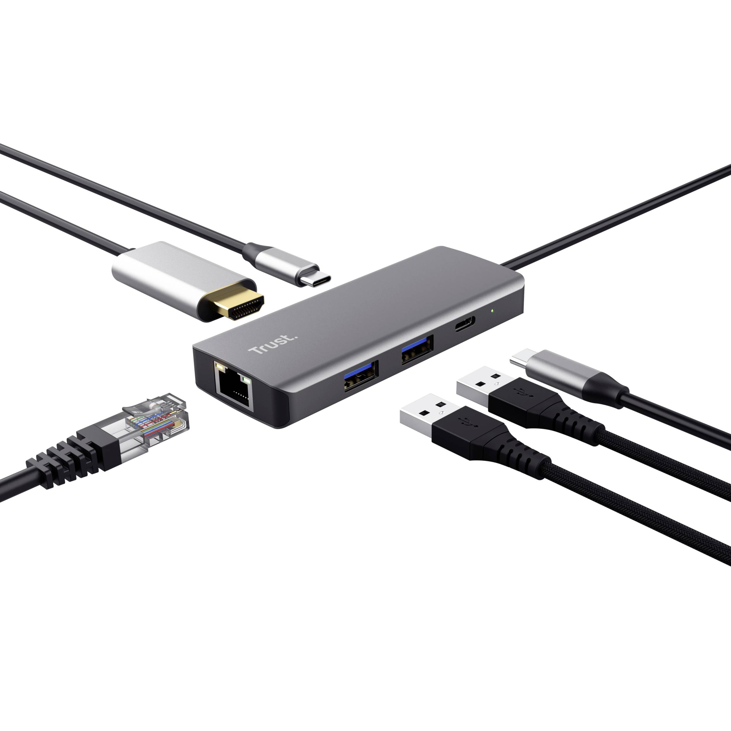 USB-C hub s HDMI portom, dvomi USB portami, ethernetovým portom a USB-C nabíjacím portom. Umožňuje pripojiť viacero zariadení.