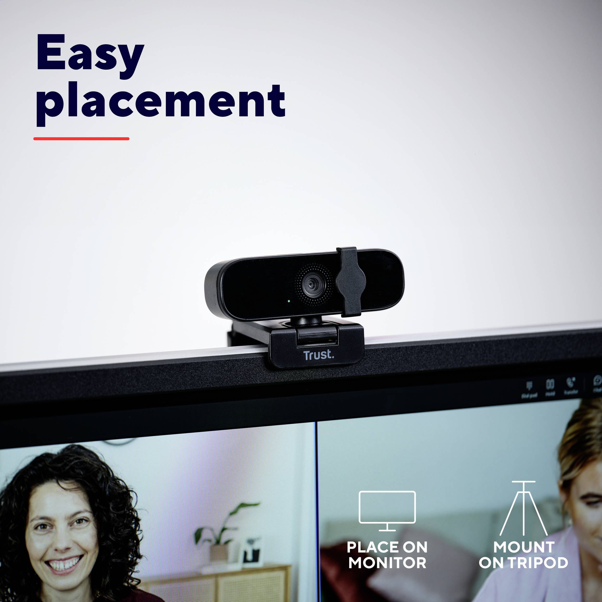 Webkamera na monitore. Text vľavo hore: 'Jednoduché umiestnenie'. Možnosti dole vpravo: 'Na monitor' alebo 'Na statív'.